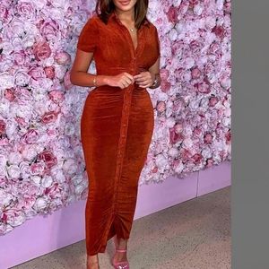 Fashion nova silk smooth slinky maxi dress in rust color